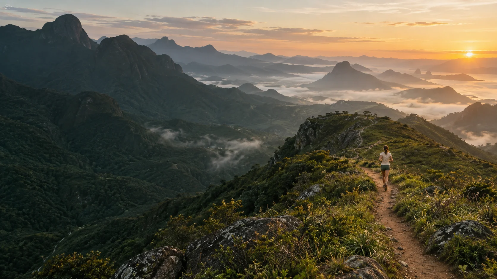 Uma corredora segue uma trilha entre montanhas verdes ao amanhecer